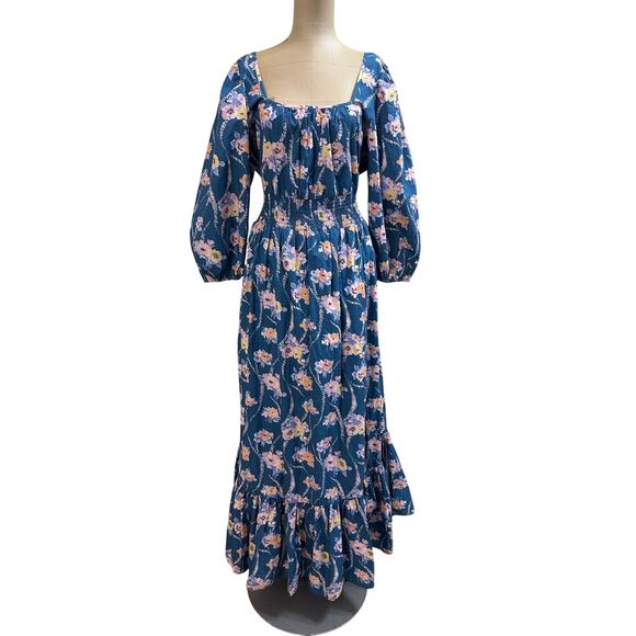 LoveShackFancy Blue & Pink Floral  Cotton Tiered Long Sleeve Maxi Dress  Large - Picture 3 of 7